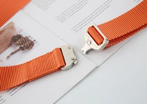 Detail of orange nylon tactical belt featuring a quick-release silver metal buckle close-up