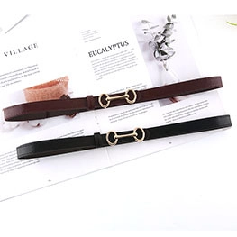 Detail of slim black and brown belts featuring golden horsebit metal buckles on a magazine