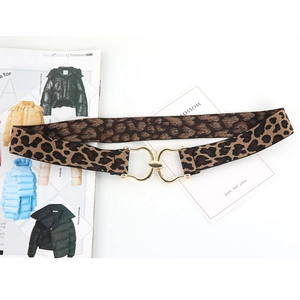 Women's leopard print elastic waist belt with round gold alloy buckle for blazers