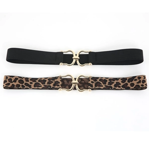Women elastic waist belts in black and leopard print with elegant gold metal buckles