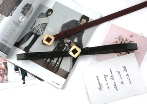 Detail of red and black leather belts with gold buckles on a stylish fashion background