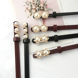 Women Thin PU Leather Belt With Faux Artificial Pearl Rhinestone Buckle Elegant Waist Strap For Dresses Suits Coats Ladies Fashion Accessory