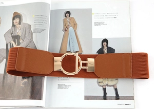 Detail of a brown elastic wide belt with a stylish light gold circular metal buckle closure