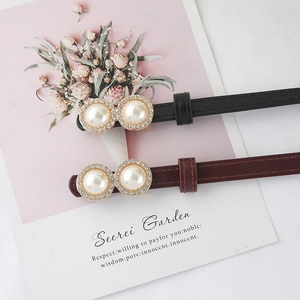 Elegant skinny faux leather waist belts with pearl and rhinestone buckles in black and burgundy