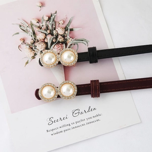 Elegant thin leather belt with gold buckle and pearl detail for coats and dresses