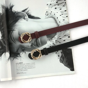 Women's Thin Faux Leather Belt With Interlocked Wave Gold Buckle For Dresses Jeans Minimalist Fashion Waist Belt Accessory