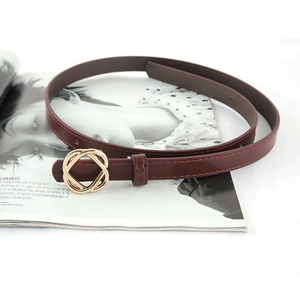Minimalist wine red slim waist belt for women with golden interlocking double ring buckle