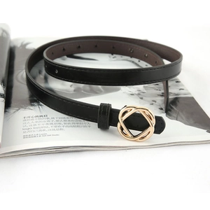 Minimalist black leather skinny belt for women with elegant golden wavy twist buckle