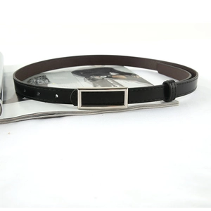 Minimalist black slim leather belt for women with elegant rectangular silver buckle