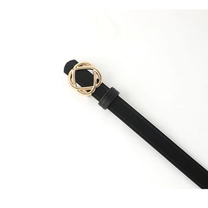 Slim black leather belt for women featuring a wavy interlocking gold metal buckle