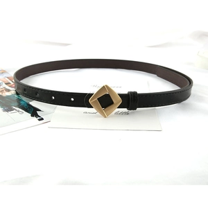 Slim black leather belt for women featuring a minimalist golden diamond-shaped metal buckle