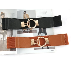 Women Wide Elastic Corset Belt Large Gold Round Buckle Faux Leather Waist Seal Belt For Dresses Overcoats Simple Cinch Waistband