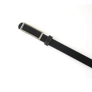 Minimalist black leather skinny belt for women with rectangular silver buckle