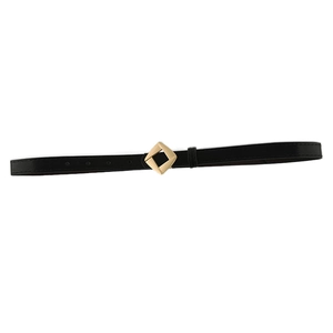 Elegant black leather waist belt with a geometric gold-tone square buckle for women
