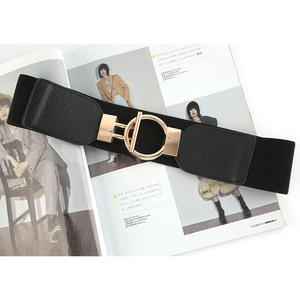 Women's black wide elastic waist belt with gold round buckle for coats and dresses