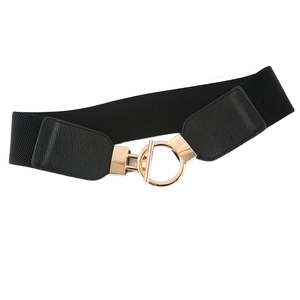 Elastic black wide waist belt for coats and dresses with golden metal OT buckle
