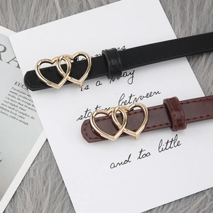 Set of slim women belts in black and reddish brown with golden double heart buckles