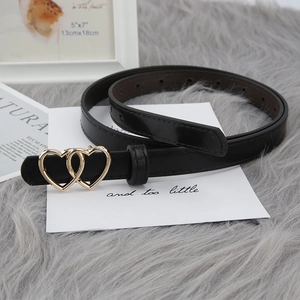 Women Elegant Skinny Belt With Golden Double Interlocking Heart Buckle Faux Leather Waist Strap For Jeans Suits Dress