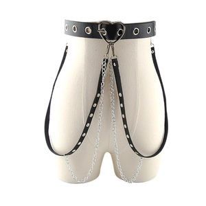 Harajuku punk style black PU leather body harness with silver heart buckle and metal chains