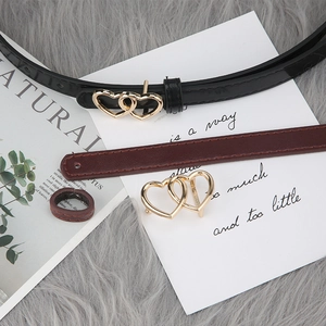 Slim leather belts for women with double heart gold buckle in black and brown