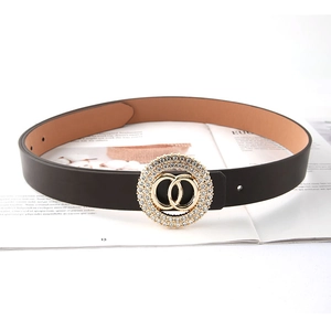 Cintura elegante in pelle marrone scuro da donna con fibbia rotonda dorata e strass