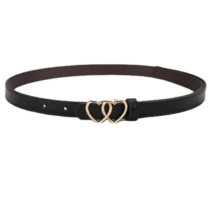 Women's minimalist black leather thin belt featuring a gold double interlocking heart buckle