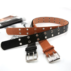 Punk Style Synthetic Leather Belt With Crocodile Texture And Double Row Metal Eyelets Featuring Silver Double Pin Buckle For Fashionable Women