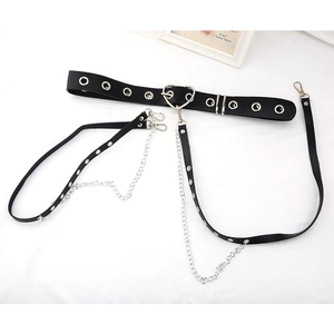 Punk style black leather body chain belt with heart buckle and silver metal chains