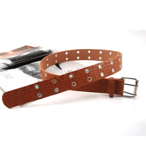 Brown punk style belt with faux crocodile pattern and double row silver metal eyelets