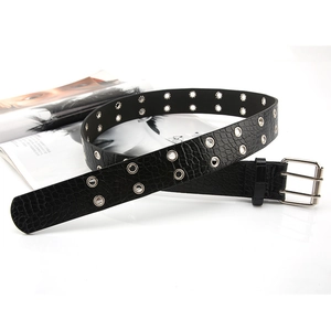 Punk style black stone textured leather belt with double grommets and silver pin buckle