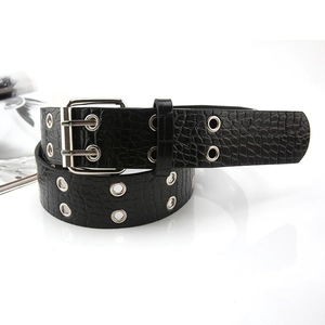 Punk style black stone pattern double eyelet faux leather belt with silver dual pin buckle