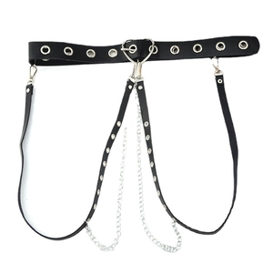Harajuku punk style black leather body harness with silver heart buckle and metal chains
