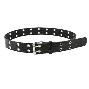 Punk style black faux leather belt with double grommets and silver double pin buckle