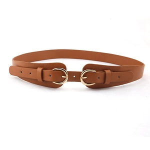Ceinture de taille en cuir marron avec double boucle dorée pour robes et manteaux chic