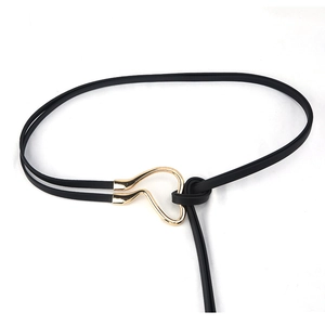 Minimalist black leather skinny belt for women with elegant golden heart buckle