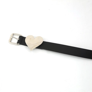 Fashionable black leather belt with silver square buckle and large heart decoration