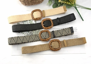 Braided straw belts in beige, black, and leopard buckle detail for bohemian summer dresses