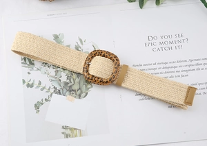 Straw woven belt with leopard print square buckle and faux leather trim details
