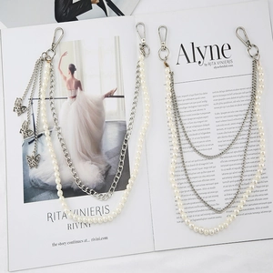 Women Faux Artificial Pearl Butterfly Waist Chain Belt Silver Tone Alloy Layered Pant Chain Bag Accessory Elegant Jewelry Decor Dress