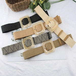 Women's Vintage Woven Straw Style Belt Bohemia Ethnic Waistband With Square Resin Buckle For Vacation Dresses Decoration