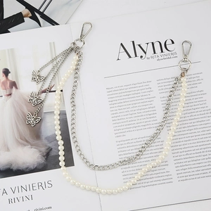 Silver multilayer pearl and butterfly pendant chain belt accessory for women