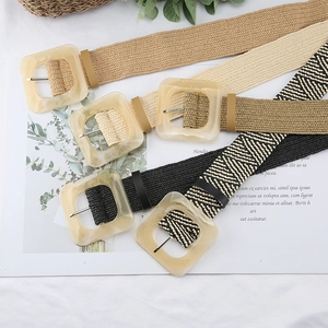 Women's straw woven belts with resin square buckles in solid colors and herringbone pattern