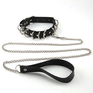 Punk black PU leather collar with silver metal rings and long chain leash handle