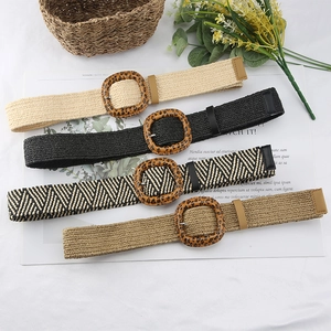 Women Vintage Woven Belt Leopard Print Buckle Bohemian Straw Style Waist Belt For Dress Decorative Waist Cinch Belt