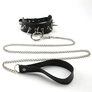 Gothic black PU leather collar with silver spikes and a long metal traction chain