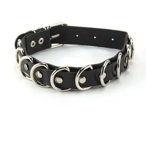 Gothic black PU leather choker with silver metal rings and adjustable buckle