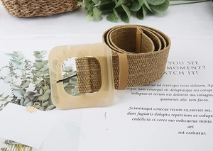 Detail of bohemian straw woven belt with translucent square resin buckle and texture
