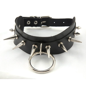 Detailed shot of black PU leather punk choker featuring silver spikes and a large metal ring
