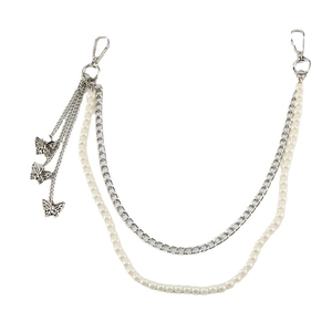 Double-layered pearl and silver chain with butterfly pendants and lobster clasps