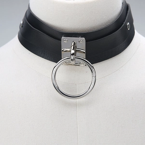 Gothic black PU leather choker with silver metal square plate and large O-ring pendant